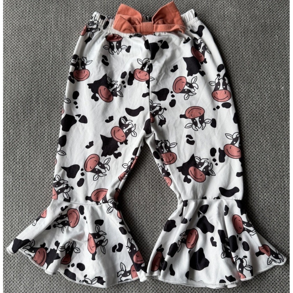 Boutique Baby Cow Bell Bottom Pants 3-6M Western Flare Bow Milk Cow Print